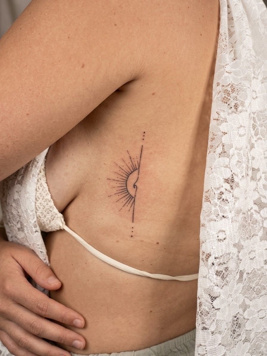 Demi-soleil rayonnant en trait fin, coupé par une ligne verticale ponctuée de points, sur les côtes.