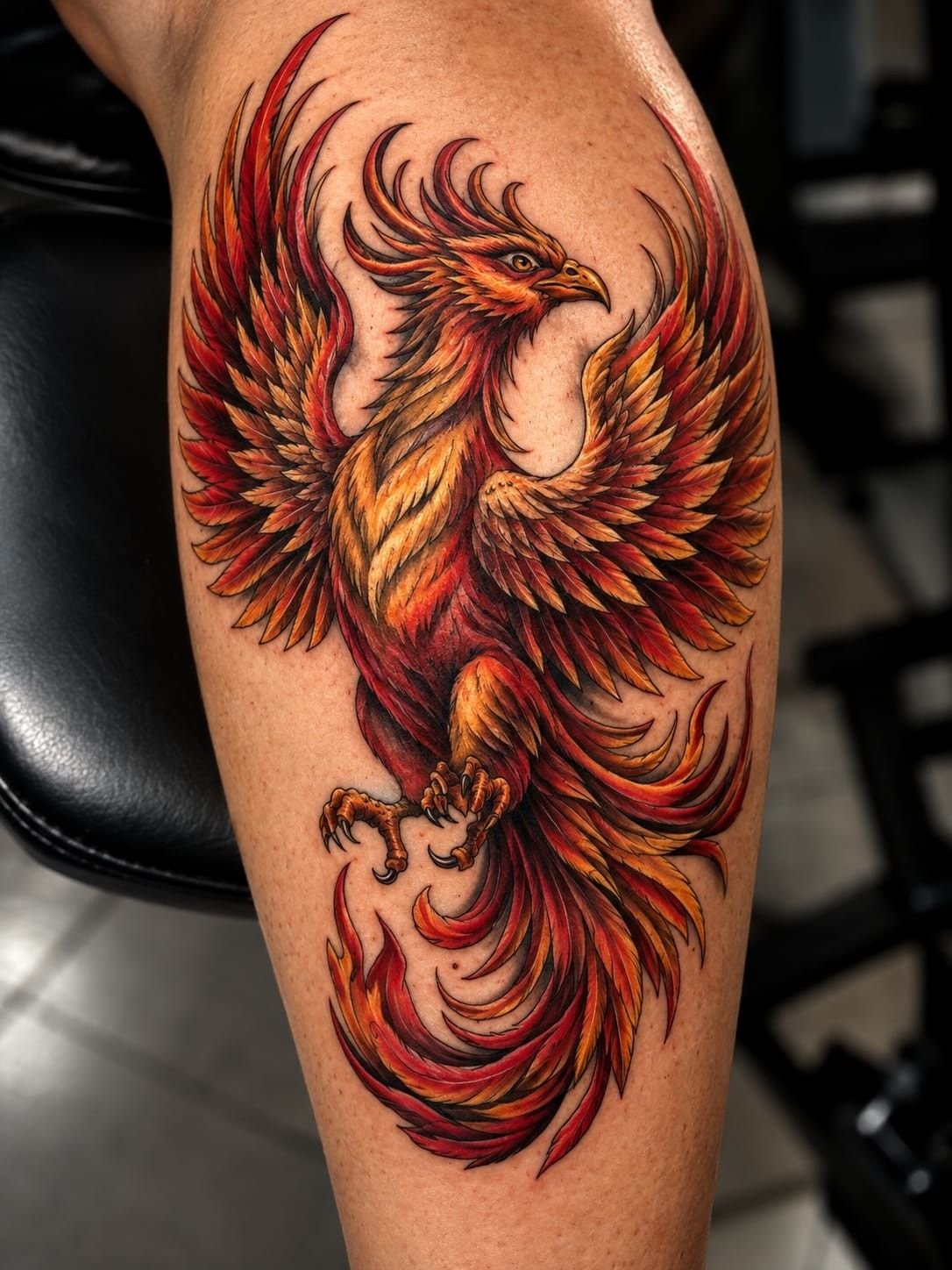 Phénix aux ailes déployées, en couleur : plumes et flammes rouges, orange et jaunes, sur le mollet.