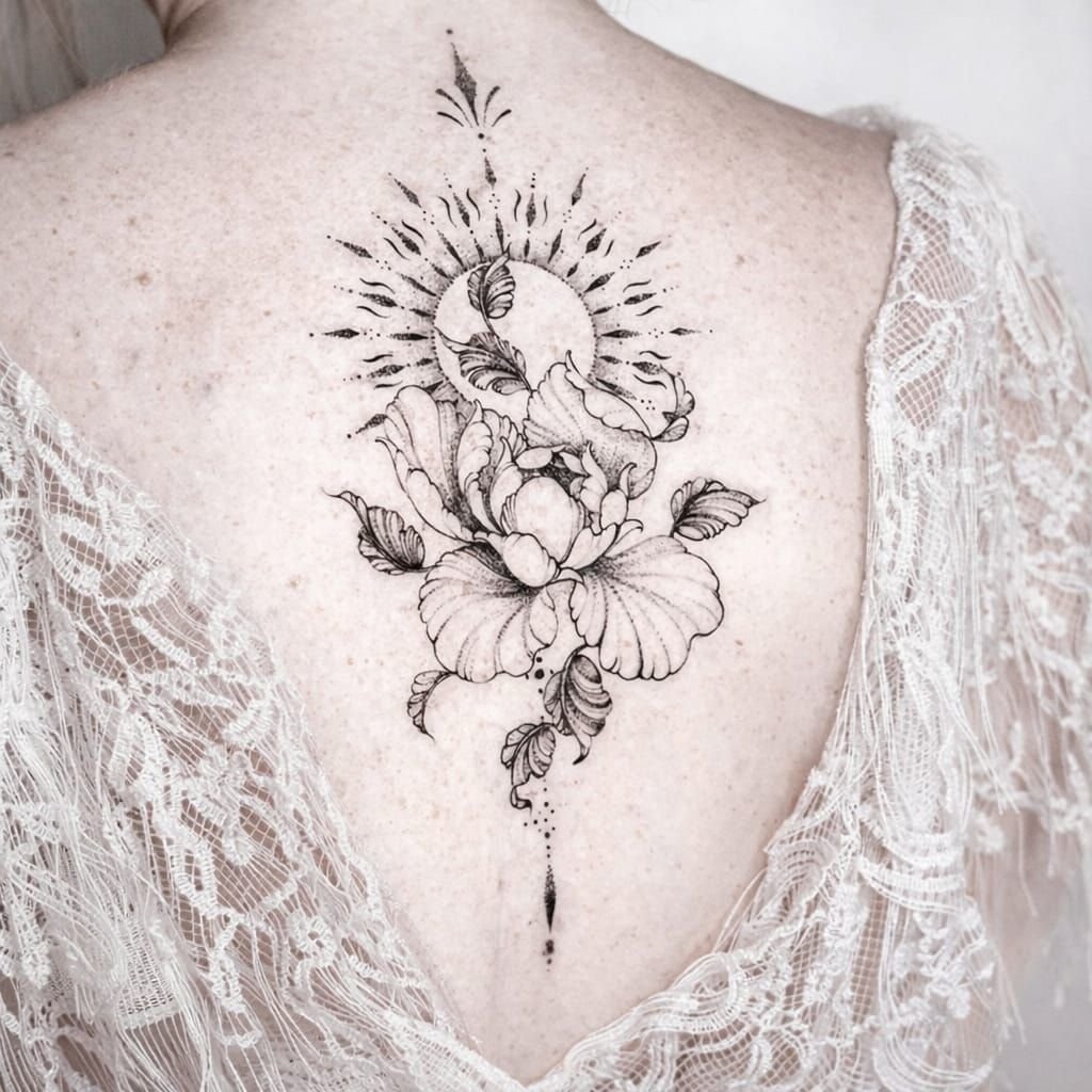 Pivoine en trait fin sous un soleil rayonnant, avec feuilles et ponctuations en points, entre les omoplates.