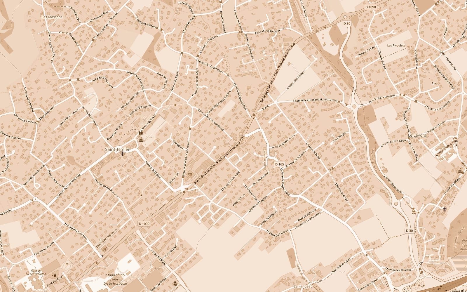 Plan du quartier : le salon est au bord de la route de Chambéry (RD 1090), à Saint-Ismier.