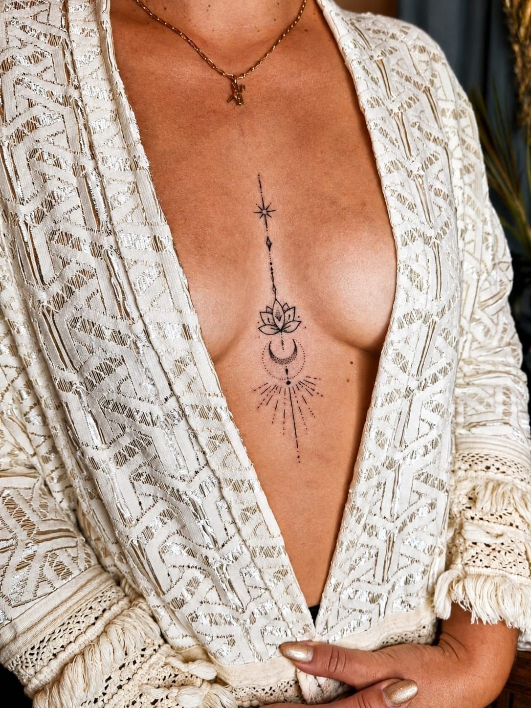 Tatouage fine line sur le sternum : une étoile, un losange, une fleur de lotus, un croissant de lune et des rayons en pointillés, alignés à la verticale.